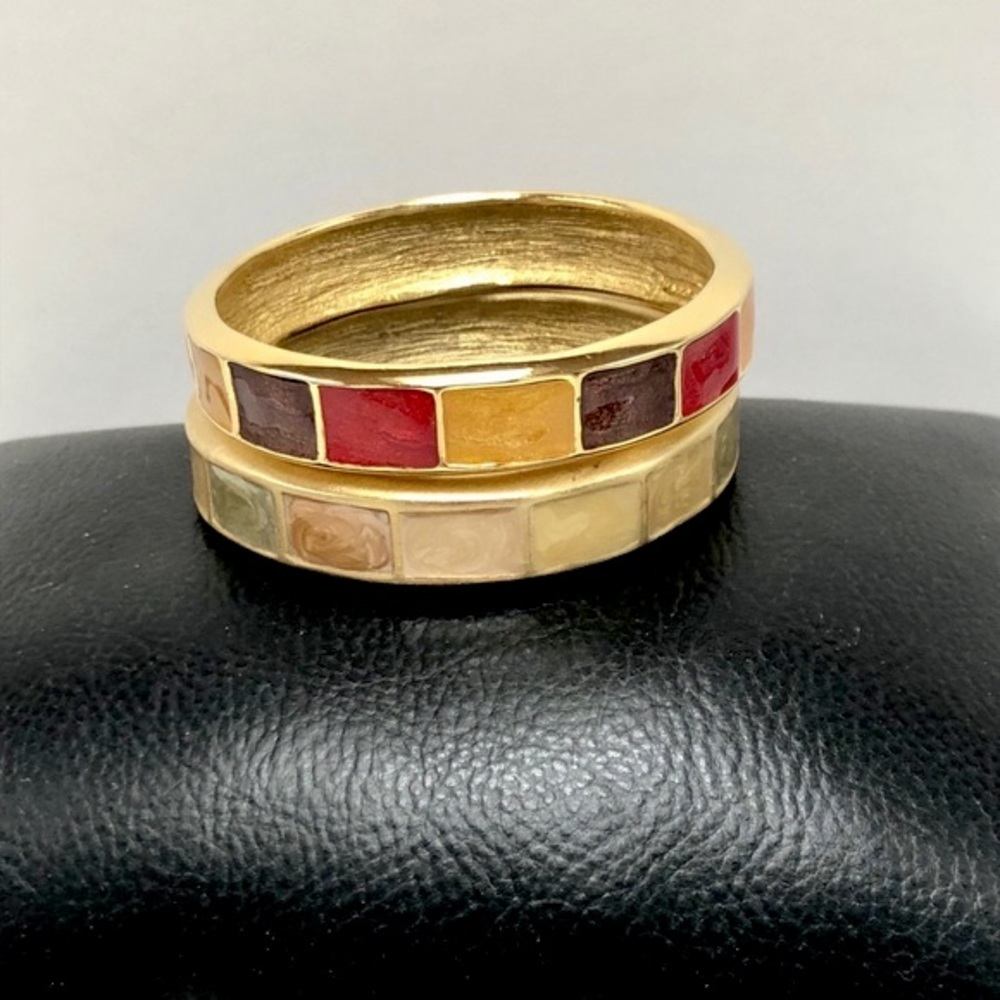Stackable Vintage Gold Tone Multi-Color Slip On Bangle Bracelets Set of 2